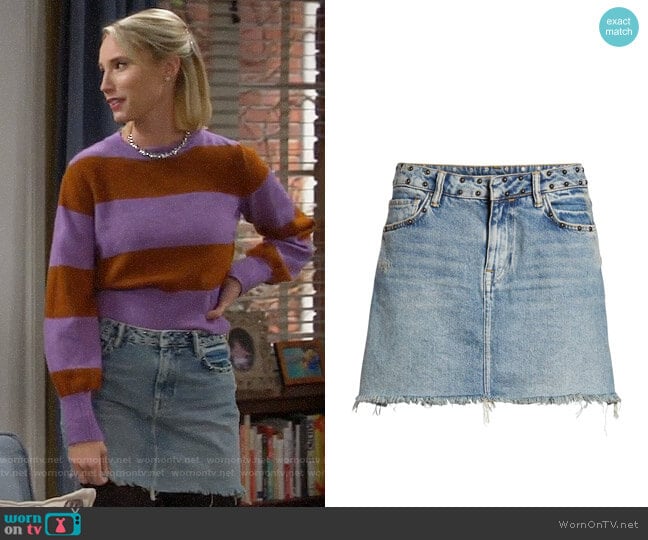 All Saints Betty Studded Denim Skirt worn by Mandy Baxter (Molly McCook) on Last Man Standing