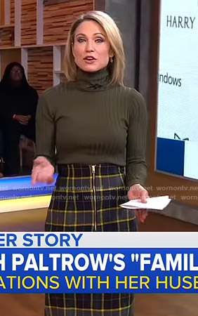 Amy’s green ribbed turtleneck sweater and checked skirt on Good Morning America