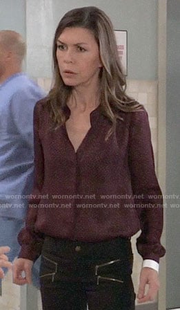 Anna’s burgundy houndstooth print blouse on General Hospital