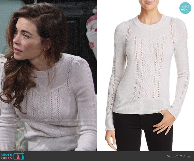 Aqua Mixed Knit Cashmere Sweater worn by Victoria Newman (Amelia Heinle) on The Young and the Restless