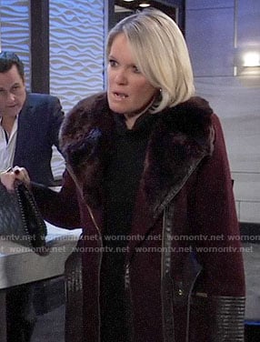 Ava’s purple leather-trim coat with fur collar on General Hospital