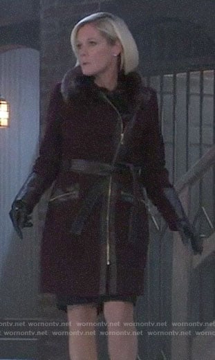 Ava’s purple leather-trim coat with fur collar on General Hospital