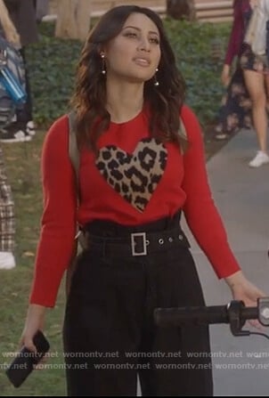 Ana's red leopard heart sweater and belted pants on Grown-ish