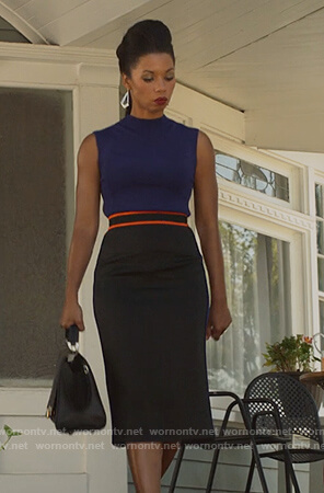 Catherine's blue mock neck top and piping skirt on Marvel's Runaways