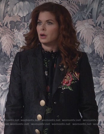 Grace’s black floral embroidered coat on Will and Grace