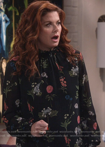 Grace’s black floral smock neck blouse on Will and Grace