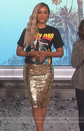 Eve’s gold sequin skirt and Nasty Nas tee on The Talk