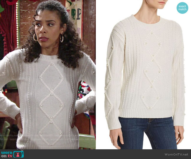 C by Bloomingdales Embellished Aran-Knit Cashmere Sweater worn by Kerry Johnson (Alice Hunter) on The Young and the Restless