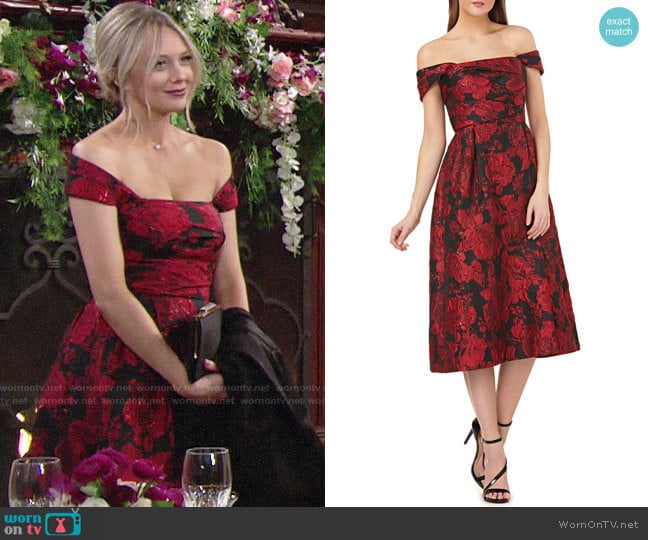 Carmen Marc Valvo Off the Shoulder Brocade Dress worn by Abby Newman (Melissa Ordway) on The Young and the Restless