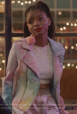 Skylar’s white sequin top and tie dye jacket on Grown-ish