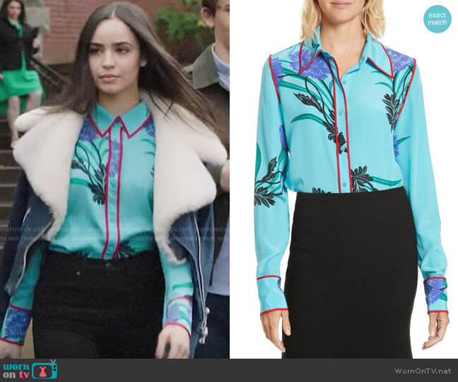 Diane von Furstenberg Floral Print Stretch Silk Shirt worn by Ava Jalali (Sofia Carson) on Pretty Little Liars The Perfectionists