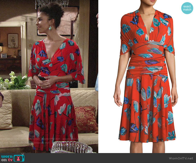 Diane von Furstenberg Shirred Floral-Print V-Neck Dress worn by Kerry Johnson (Alice Hunter) on The Young & the Restless