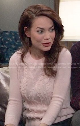 Elizabeth’s pink fringed cable knit sweater on General Hospital