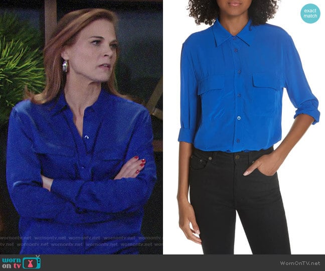 Equipment Hyper Blue Signature Shirt worn by Phyllis Newman (Gina Tognoni) on The Young and the Restless