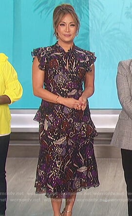 Carrie's purple floral metallic print dress on The Talk