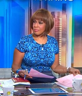 Gayle’s blue printed short sleeve dress on CBS Mornings