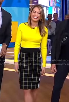 Ginger's yellow sweater and grid check skirt on Good Morning America