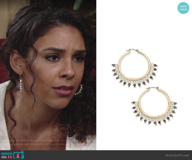 INC International Concepts Gold-Tone Bead & Imitation Pearl Hoop Earrings worn by Kerry Johnson (Alice Hunter) on The Young and the Restless