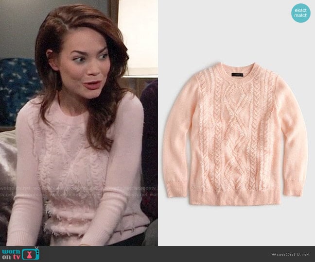 J. Crew Cable crewneck sweater with fringe worn by Elizabeth Webber (Rebecca Herbst) on General Hospital