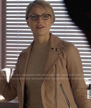 Kara’s blush pink leather moto jacket on Supergirl