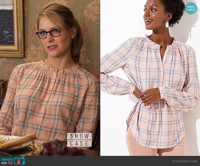 Loft Plaid Ruffle Henley Tunic worn by Kara Danvers (Melissa Benoist) on Supergirl