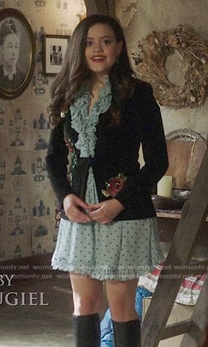 Maggie's blue polka dot dress and floral embroidered blazer on Charmed