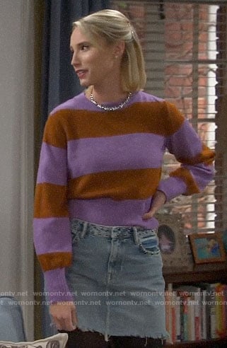 Mandy's purple striped sweater and denim skirt on Last Man Standing