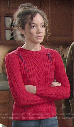 Mattie’s red cable knit sweater with bows on The Young and the Restless