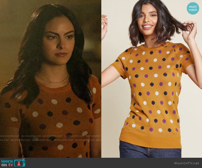 ModCloth What I Call Fun Intarsia Sweater in Dotted Orange worn by Veronica Lodge (Camila Mendes) on Riverdale