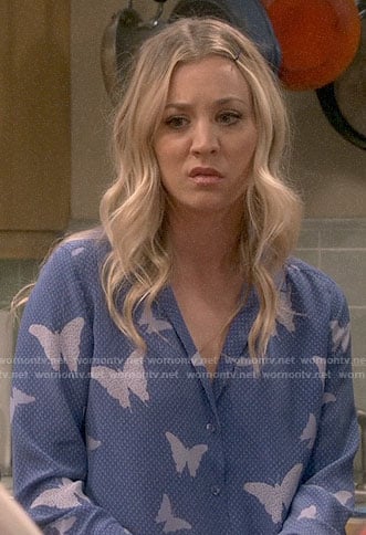 Penny’s blue butterfly print blouse on The Big Bang Theory