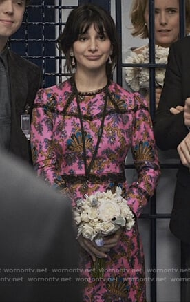 Ali's pink floral dress with lace insets on Madam Secretary