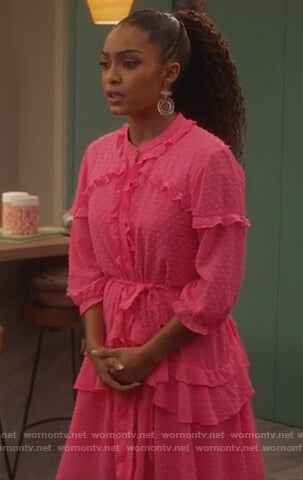 Zoey’s pink ruffled dress and embellished jeans on Grown-ish