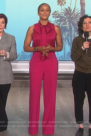 Eve’s pink sleeveless tie neck jumpsuit on The Talk