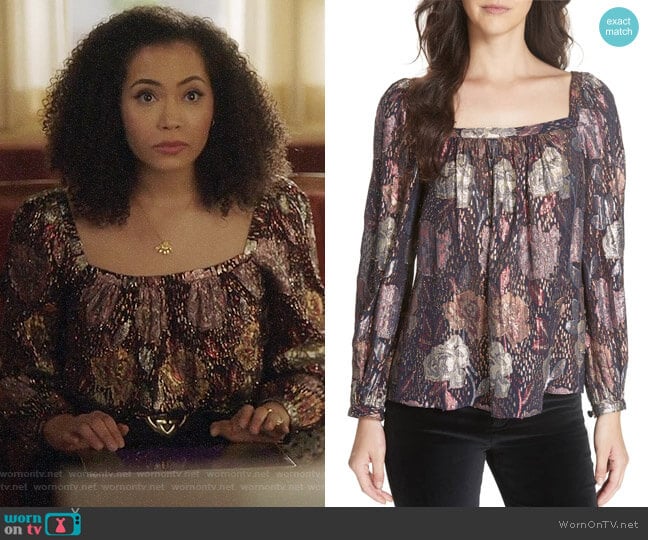 WornOnTV: Macy’s metallic floral blouse and fanned necklace on Charmed ...