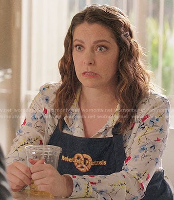 Rebecca's white floral print blouse on Crazy Ex Girlfriend