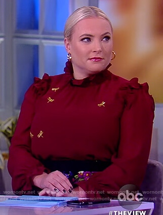 Meghan’s maroon dragonfly embellished blouse and floral skirt on The View