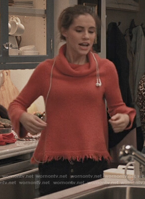 Stephie's red frayed turtleneck sweater on Madam Secretary