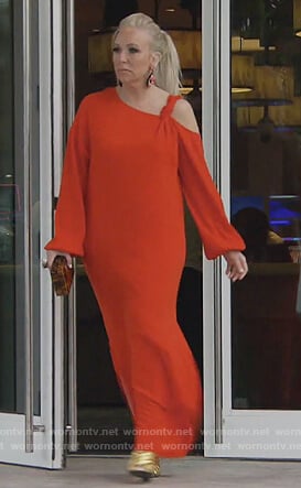 Margaret's red knotted shoulder maxi dress on The Real Housewives of New Jersey