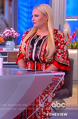 Meghan’s red abstract print long sleeve maxi dress on The View