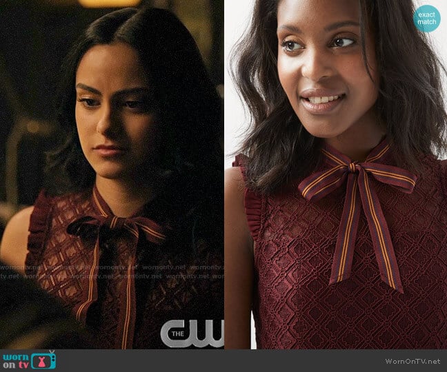 RW&Co Sleeveless Lace Top With Neck Tie worn by Veronica Lodge (Camila Mendes) on Riverdale