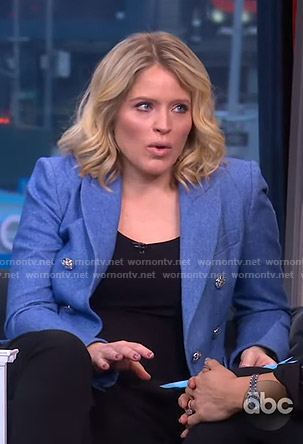 Sara’s blue blazer with silver buttons on Good Morning America