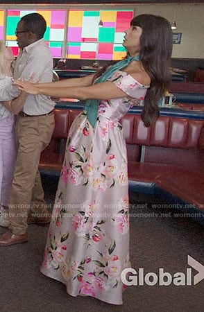 Tahani’s floral off-shoulder gown on The Good Place
