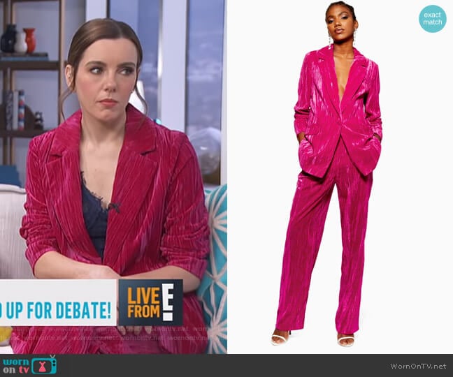 Crinkle Velvet Jacket and Trousers by Topshop worn by Melanie Bromley on E! News