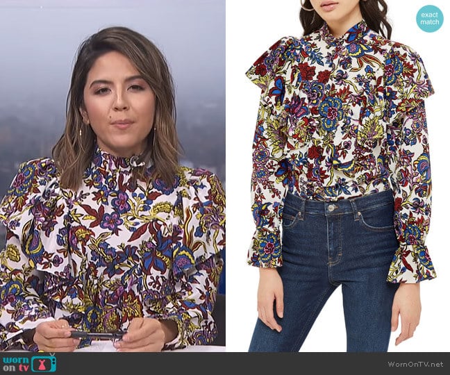 Rokit Floral Ruffle Blouse by Topshop worn by Erin Lim on E! News