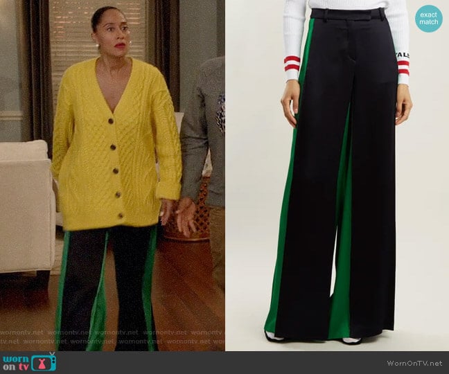 Valentino Wide-leg hammered-satin trousers worn by Rainbow Johnson (Tracee Ellis Ross) on Black-ish