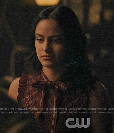 Veronica's burgundy lace top with tie neck on Riverdale