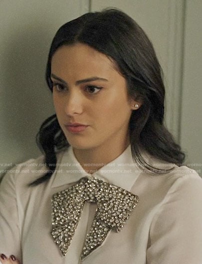 Veronica’s white shirt with embellished bow on Riverdale