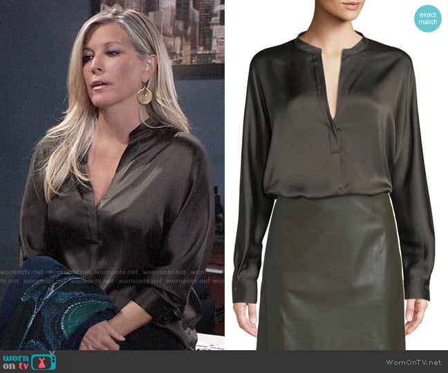 Vince Split-Neck Long-Sleeve Silk Satin Blouse worn by Carly Spencer (Laura Wright) on General Hospital