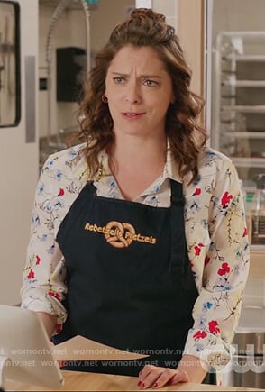 Rebecca’s white floral print blouse on Crazy Ex Girlfriend