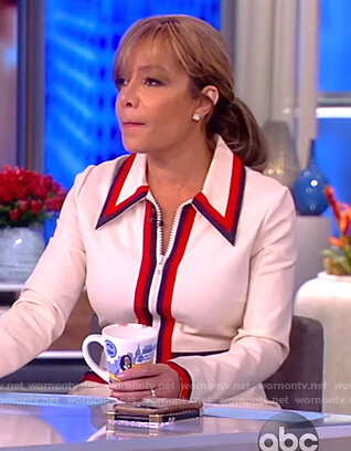 Sunny’s white striped zip front dress on The View